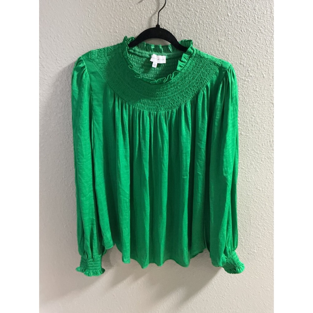 Gibson Latimer Green Smocked Mock Neck Ruffle Long Sleeve Blouse Large